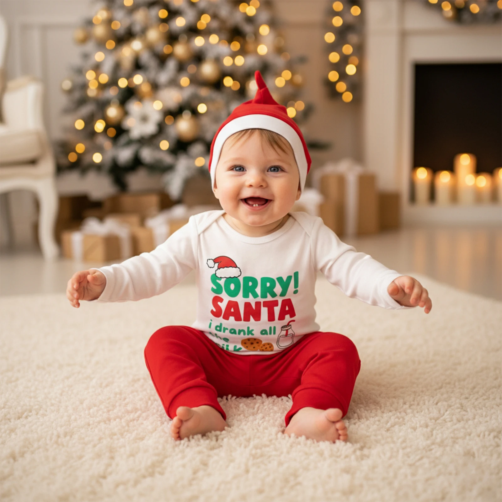 

Рождественская одежда для маленьких мальчиков, комбинезон с длинными рукавами и буквенным принтом, однотонные длинные штаны и шапка, наряд из 3 предметов