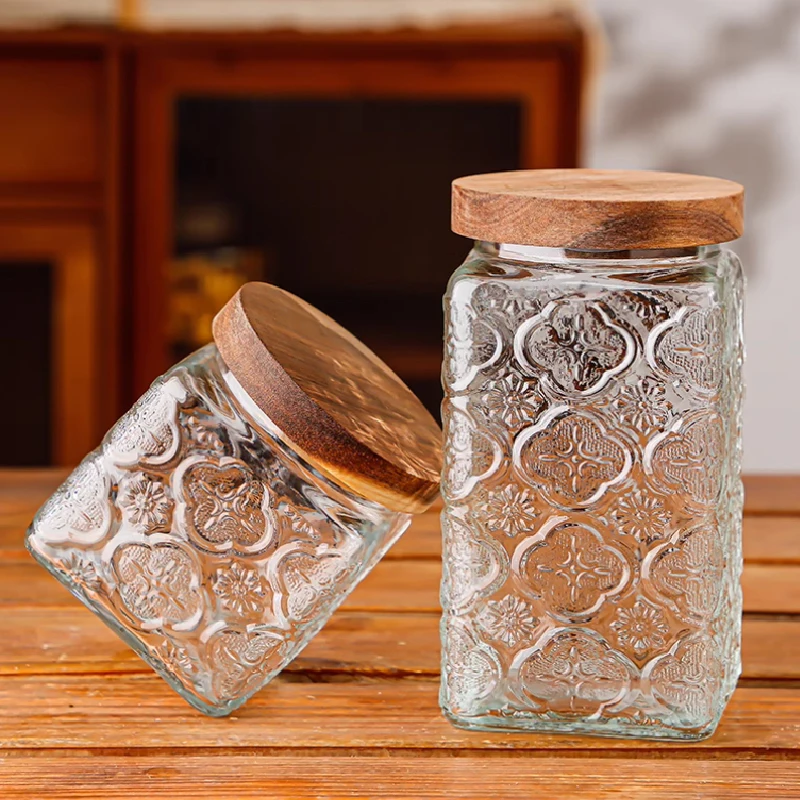 Retro Embossed Begonia Pattern Glass Jar Sealed Jar Storage Bottle Kitchen Miscellaneous Grains Snacks Bamboo Cover Storage Box