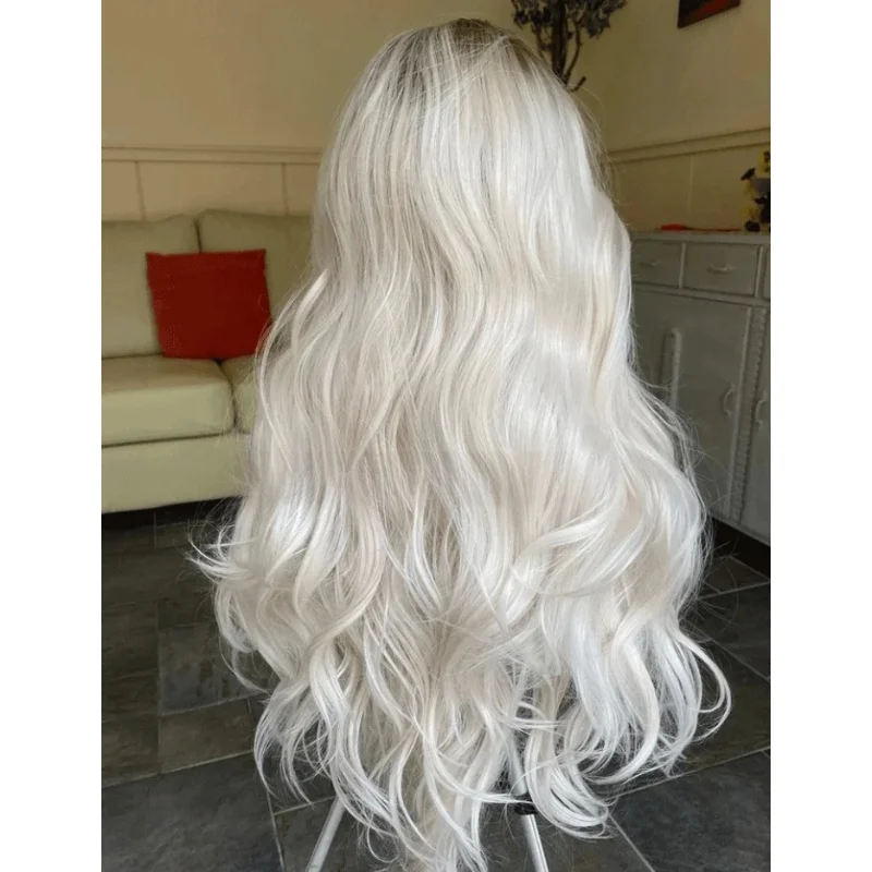 

Loose Wavy Ombre White Blonde with Brown Short Root Lace Wig Soft Natural Wig For Women Synthetic Fibre Heat Resistant Party Wig
