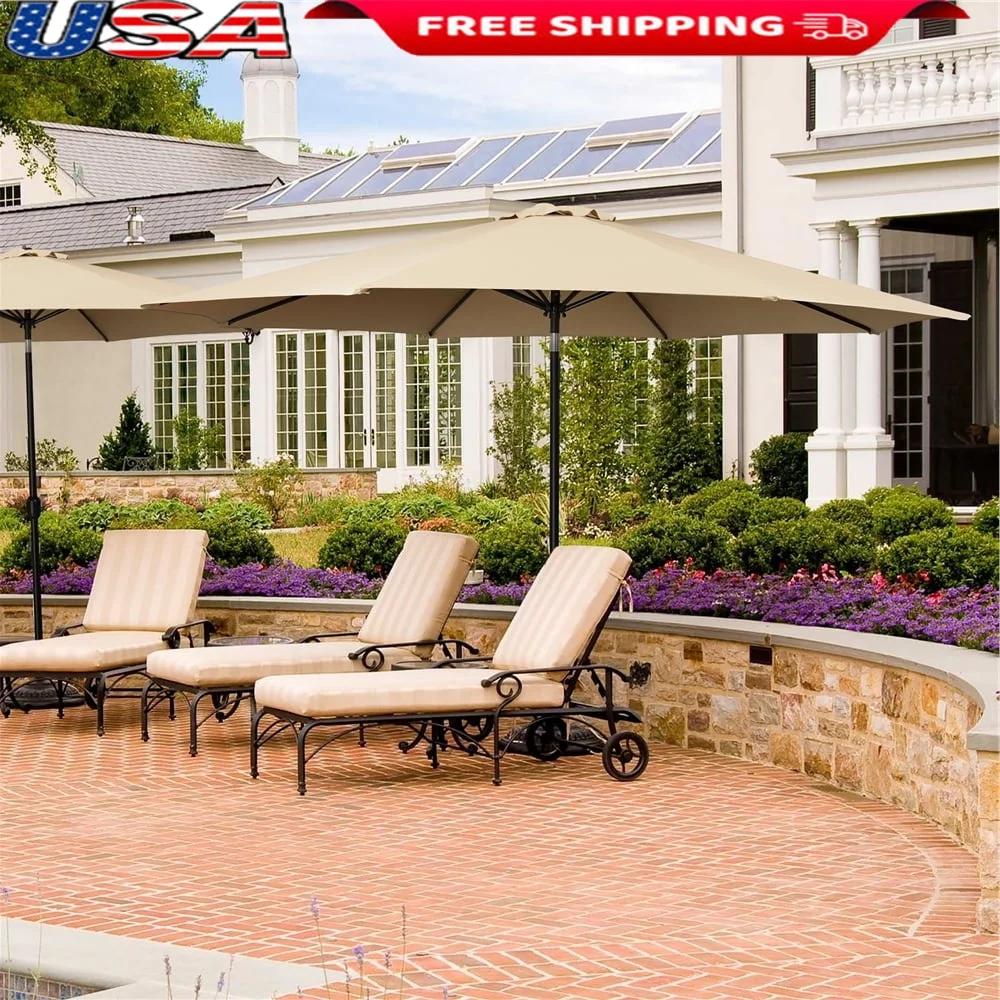 

11ft Tan Octagon Patio Umbrella Adjustable Tilt Crank Lift Waterproof UV Resistant Outdoor Shade Garden Deck Poolside