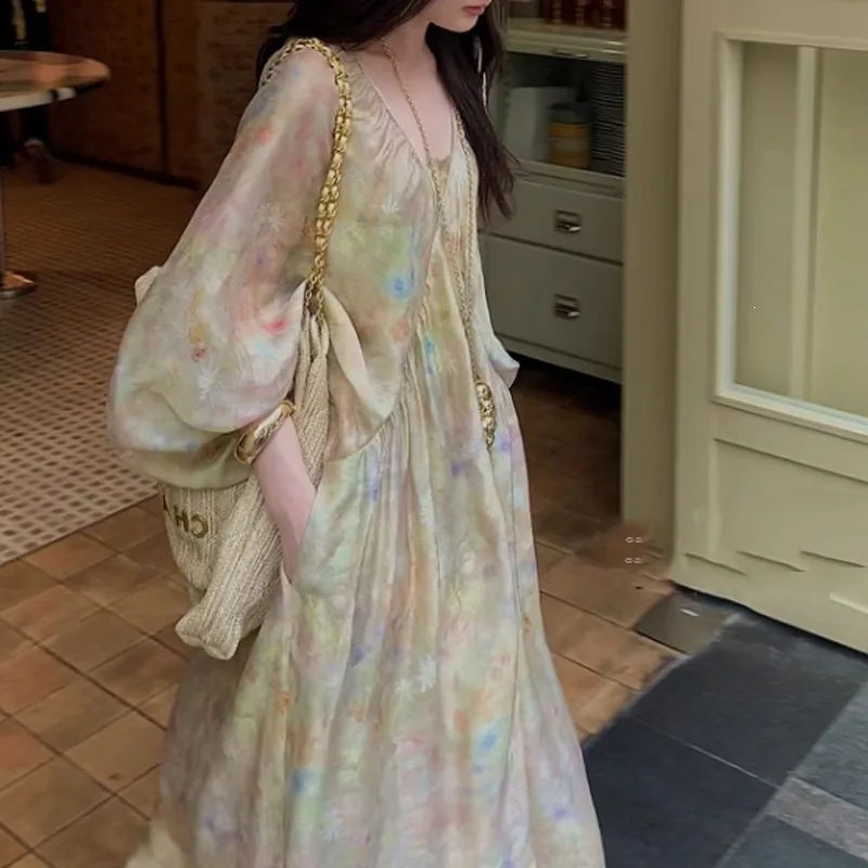 

French Vintage Oil Painting Feeling Casual Women's Dress 2026 Summer New Half Sleeved Loose Fairy Maxi Dresses for Women Y2k