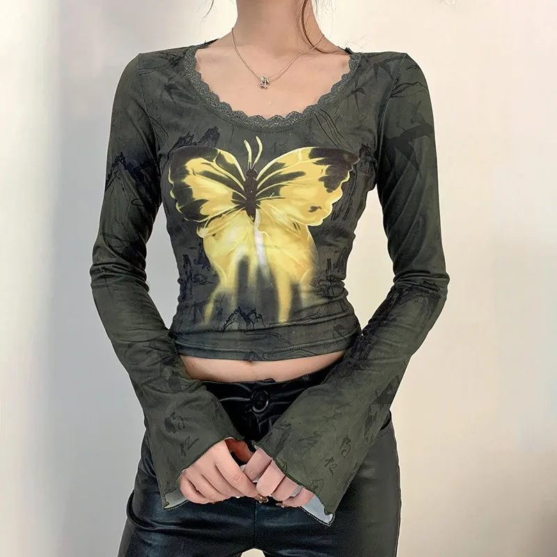 

New Chinese Women's Vintage Butterfly Printed Flare Sleeve T-shirt Spring 2024 Female Clothing Fashion Lace Round Neck Top INS