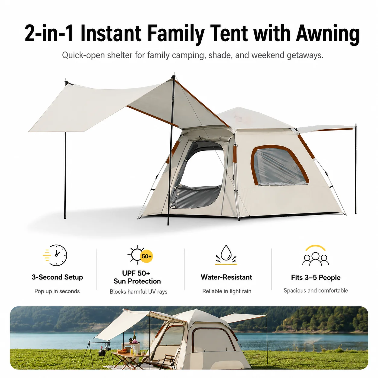 Pop-Up Familien-Campingzelt für 3-5 Personen, Sofortaufbau, Wasserdicht, UV50+ Sonnenschutz mit Vordach, Fiberglasstangen, 3-Jahreszeiten-Zelt