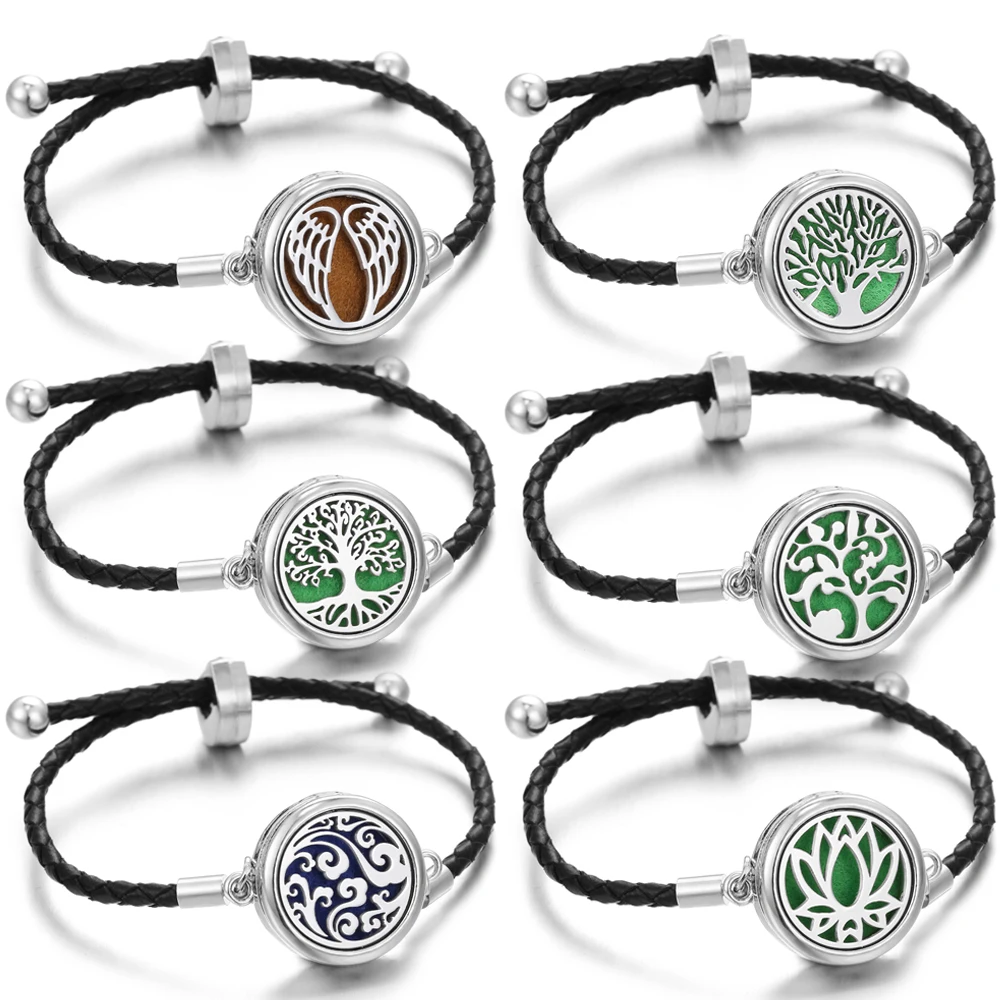 Black leather Aromatherapy Bracelet Tree of life Perfume Essential Oil Diffuser Bracelet Bangle Braided Leather Locket Bracelets