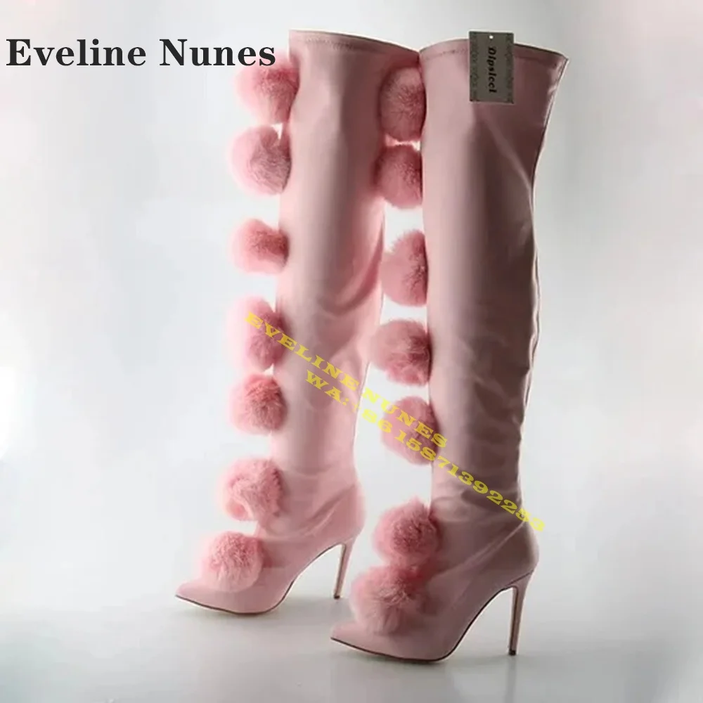 Sweet Fur Pom Pom Suede Pink Thigh High Boots Pointed Toe Thin Heel Pull On Sexy Women Stretch Boots Catwalk Runway Show Shoes