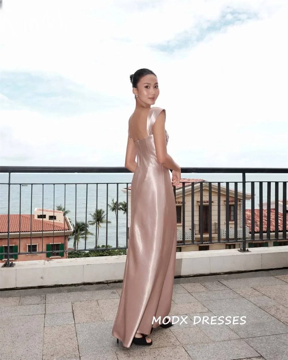 MODX 2026 Customized Modern Straight Prom Dress Square Collar Evening Gown Satin Beading Ankle-Length Corest Vestido De Novia