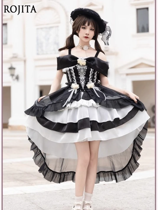 

Japanese Lolita Dress for Women Front Short Back Long Trailing Dress Princess Strap Puffy Gothic Dark Mid-Length A-line Dress
