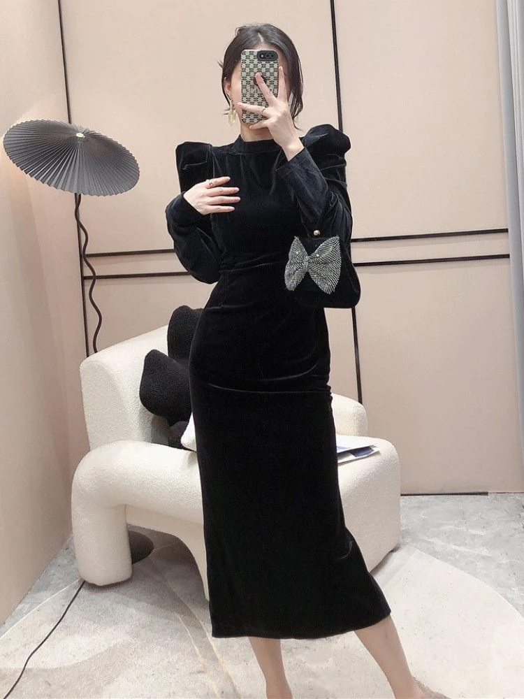 French Black Velvet Long Dresses Women Puff Sleeve Temper Elegant Sexy Bodycon Dress Fashion Classy Ladies Party Gown Vestidos