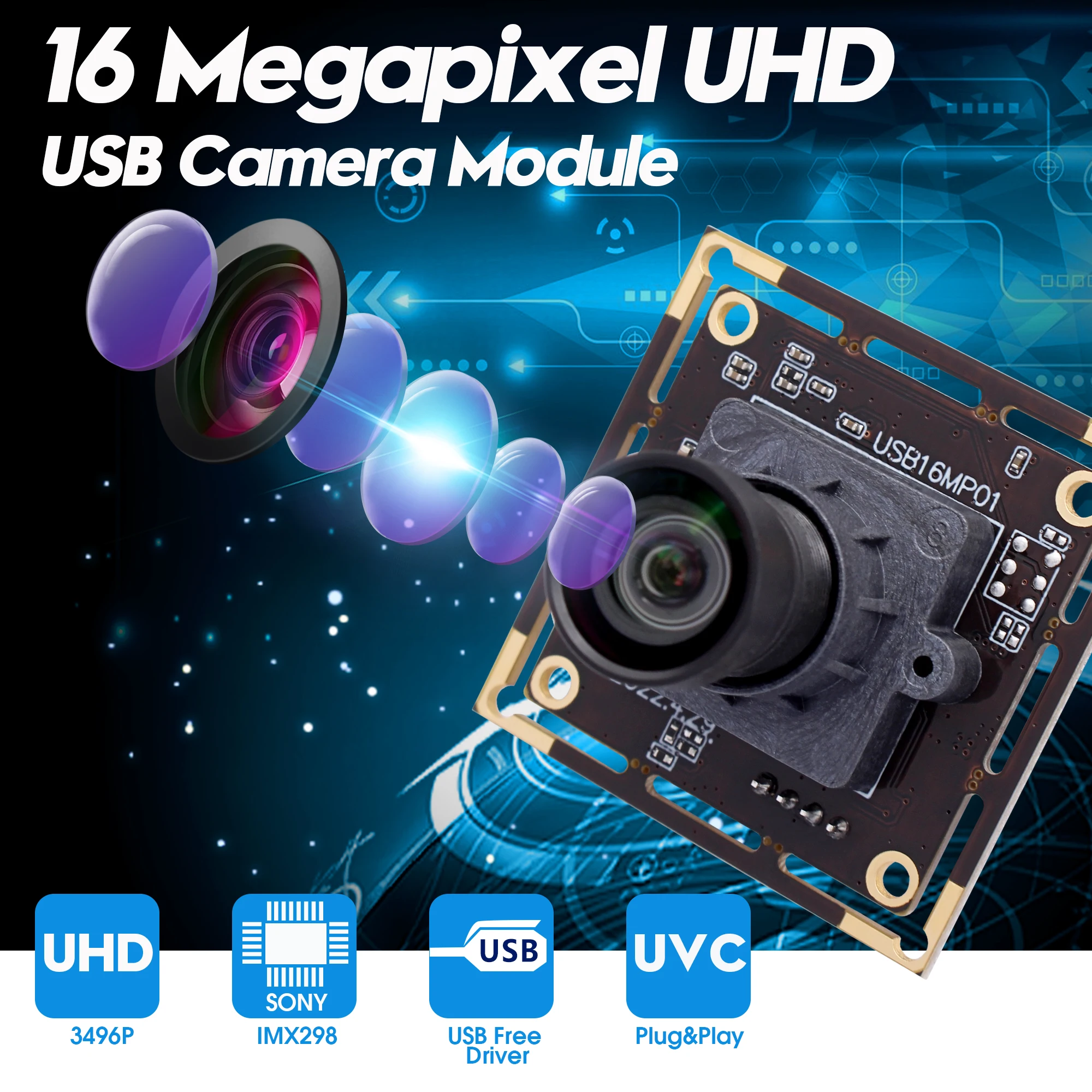16MP USB Camera Module UVC IMX298 USB2.0 HD Mini USB Webcam with No Distortion Lens for Windows Android Linux Mac