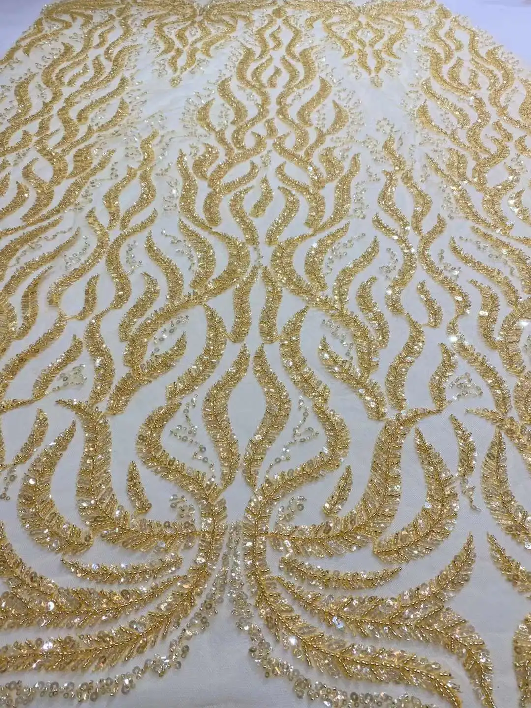 

New Gold Beaded Lace Design Beads Embroicered French Mesh Yarn 3D African Fabric Lace For Evening Dresses Weddings /Party