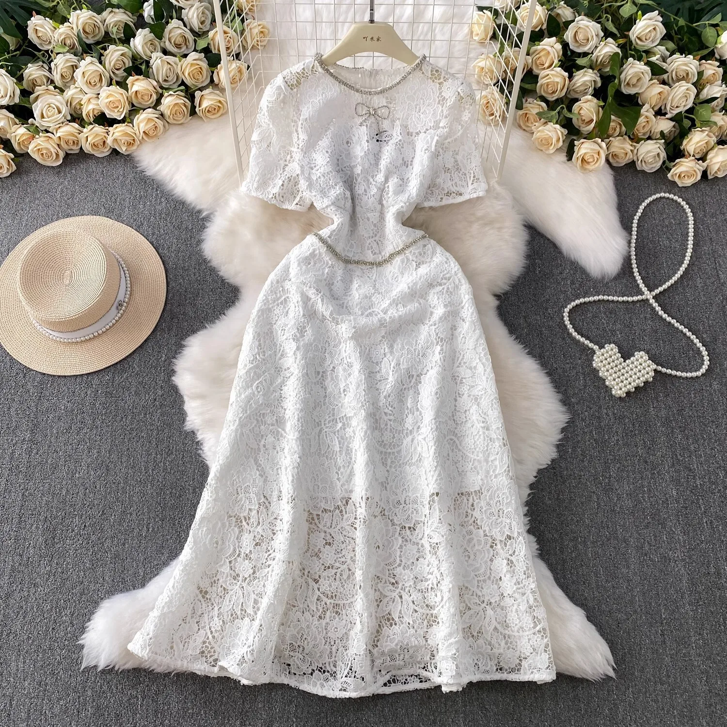 Elegant Summer Embroidery Lace Long Dress Women Short Sleeve Crystal Luxury Formal Evening Dresses Party Beading Vestidos