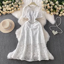 Elegant Summer Embroidery Lace Long Dress Women Short Sleeve Crystal Luxury Formal Evening Dresses Party Beading Vestidos