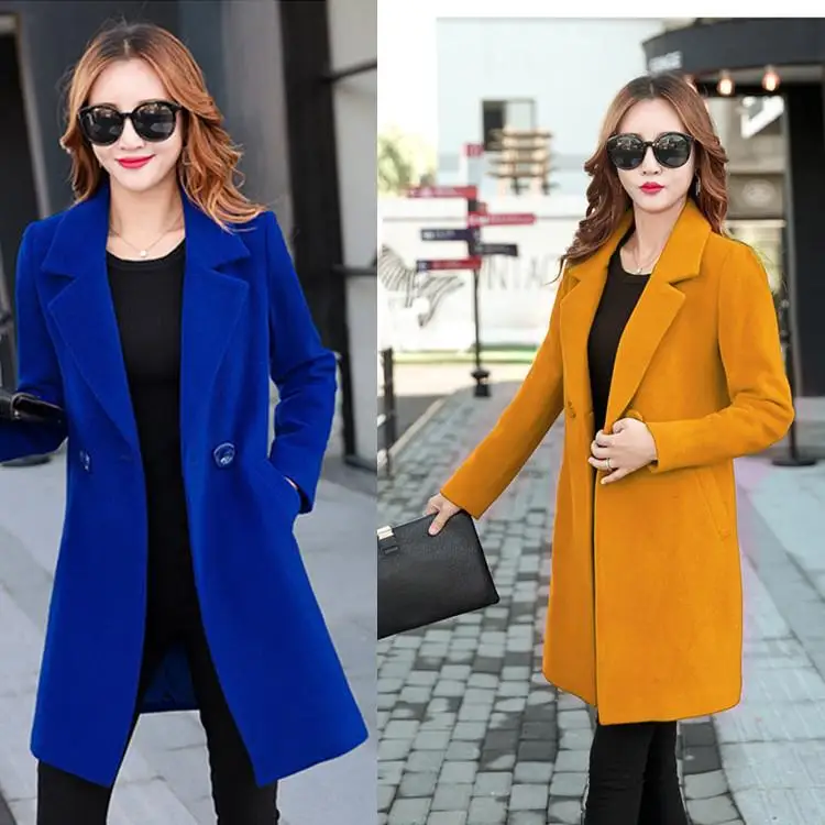 

Woolen Women's Coat Medium to Long Length OL Commute Sle Long Sve Flip Collar Double Button Pure Color No Hat Included