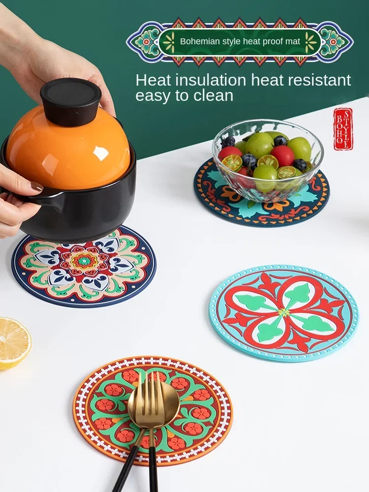 Round Coaster Bohemia Floral Anti-scalding Waterproof Silicone Cup Coffee Mug Mats Home Dining Table Pads Placemat Decor