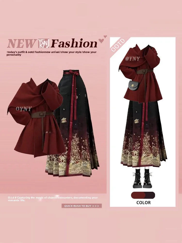 

Красный комплект из двух предметов: верхняя одежда и новая китайская юбка-баллон для женщин, весенняя повседневная мода, с цветочным узором