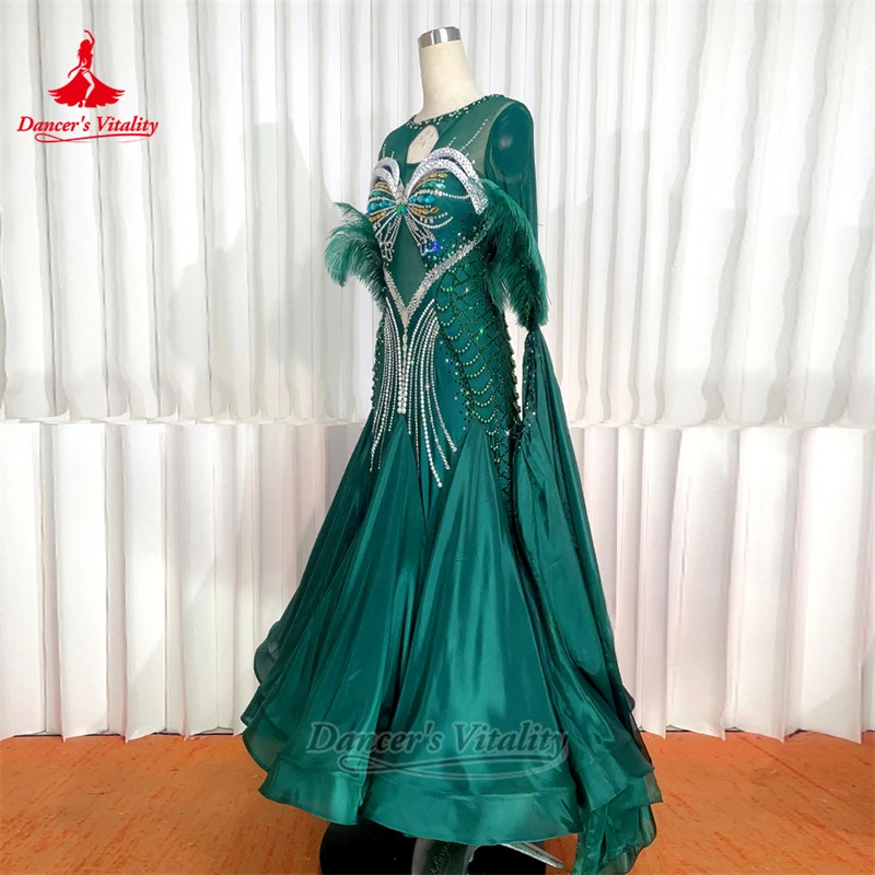 Standard Social Dance AB Stones Long Sleeves V-back Dresses Customize Adult Waltz Foxtrot Competition Clothing Dancer's Vitality