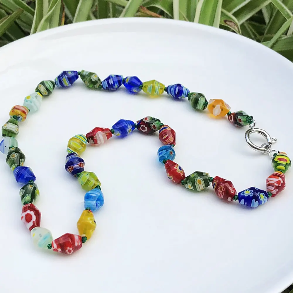 1PCS Vintage Thousand Flower Mix Color Rhombus Muran Glass Necklace For Women Irregular Glazed Crystal Lobster Colorful Jewelry