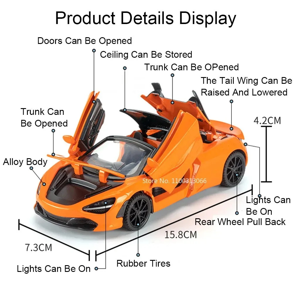 1:32 F1 720S Models Cars Toys Alloy Diecast Wheel Pull Back Miniature Sports Car with Light Sound Vehicles Toddler Kids Gifts