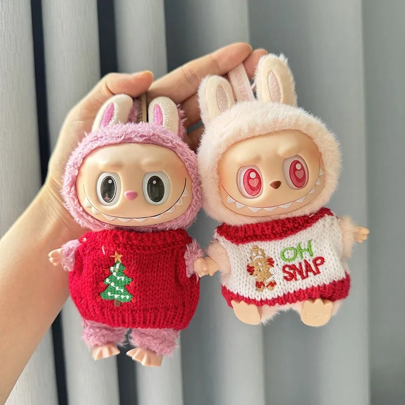 Mini roupas de boneca de pelúcia acessórios para coreia kpop labubu v2 ídolo sentar para baixo festa de natal biscoito homem amor chapéu roupas