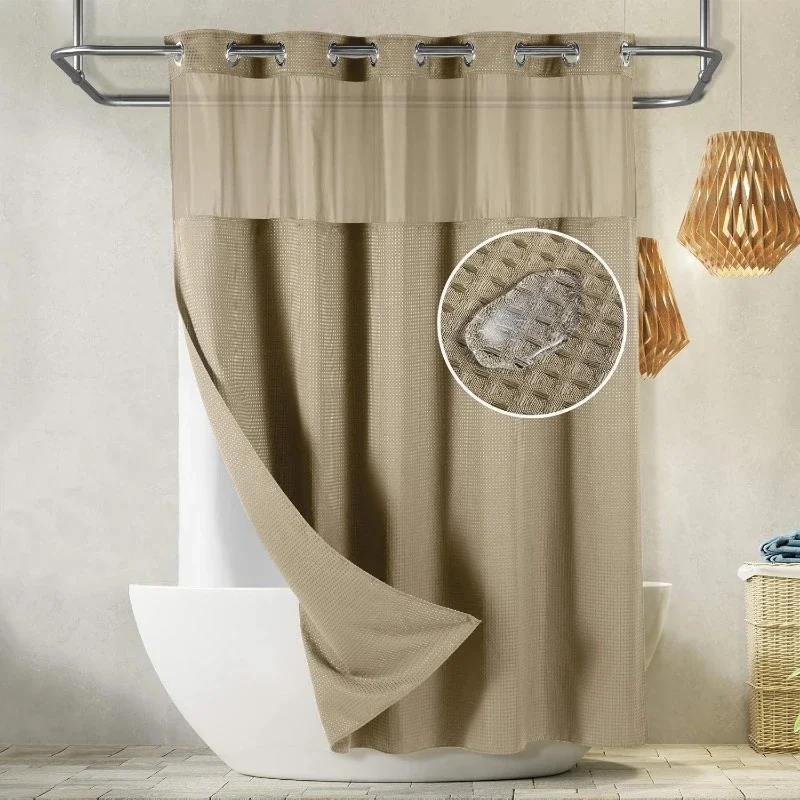 SnapHook Waffle Weave Fabric Hook Free Shower Curtain with Snap-in Liner, Heavy Duty Bath Curtain with See Through Top