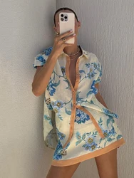 Marthaqiqi Printing Women Pajama Suit Short Sleeve Nightgowns Turn-Down Collar Sleepwear Short Skirt Casual Ladies Nightwear Set