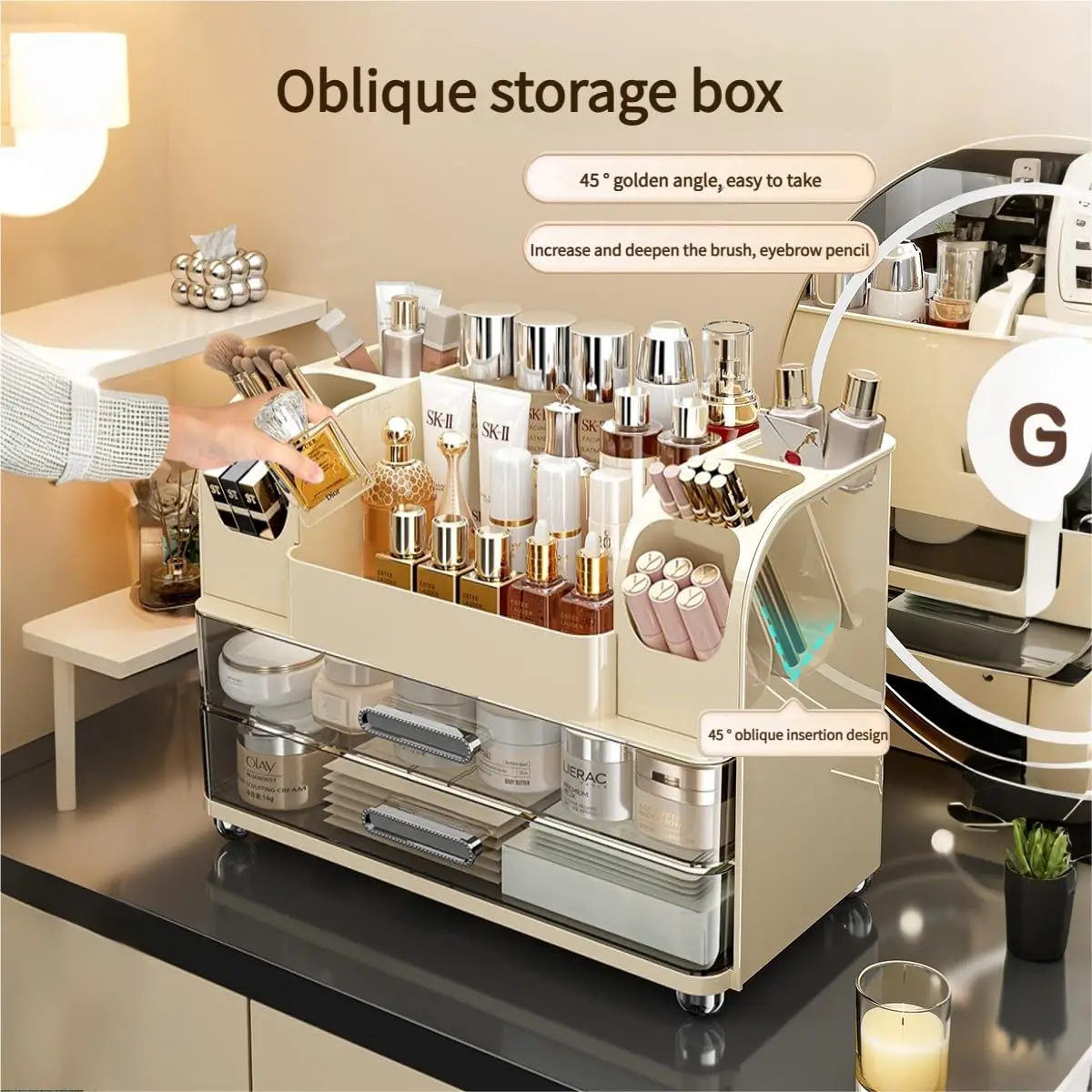 Makeup Organizer with Drawers for Vanity,Bathroom Countertop Organizer with Brushes Holder,Skincare Storage Organizer for Lipsticks,Nail Polishes, Perfumes,Eyeshadow Palettes (Cream)