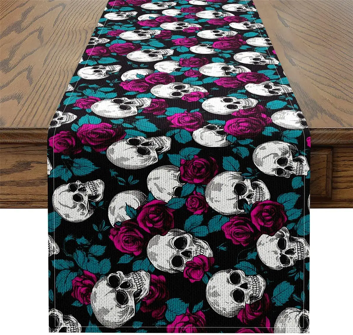 Halloween Gothic Skull Rose Linen Table Runner Holiday Party Decor Reusable Kitchen Dining Table Runner Halloween Decorations