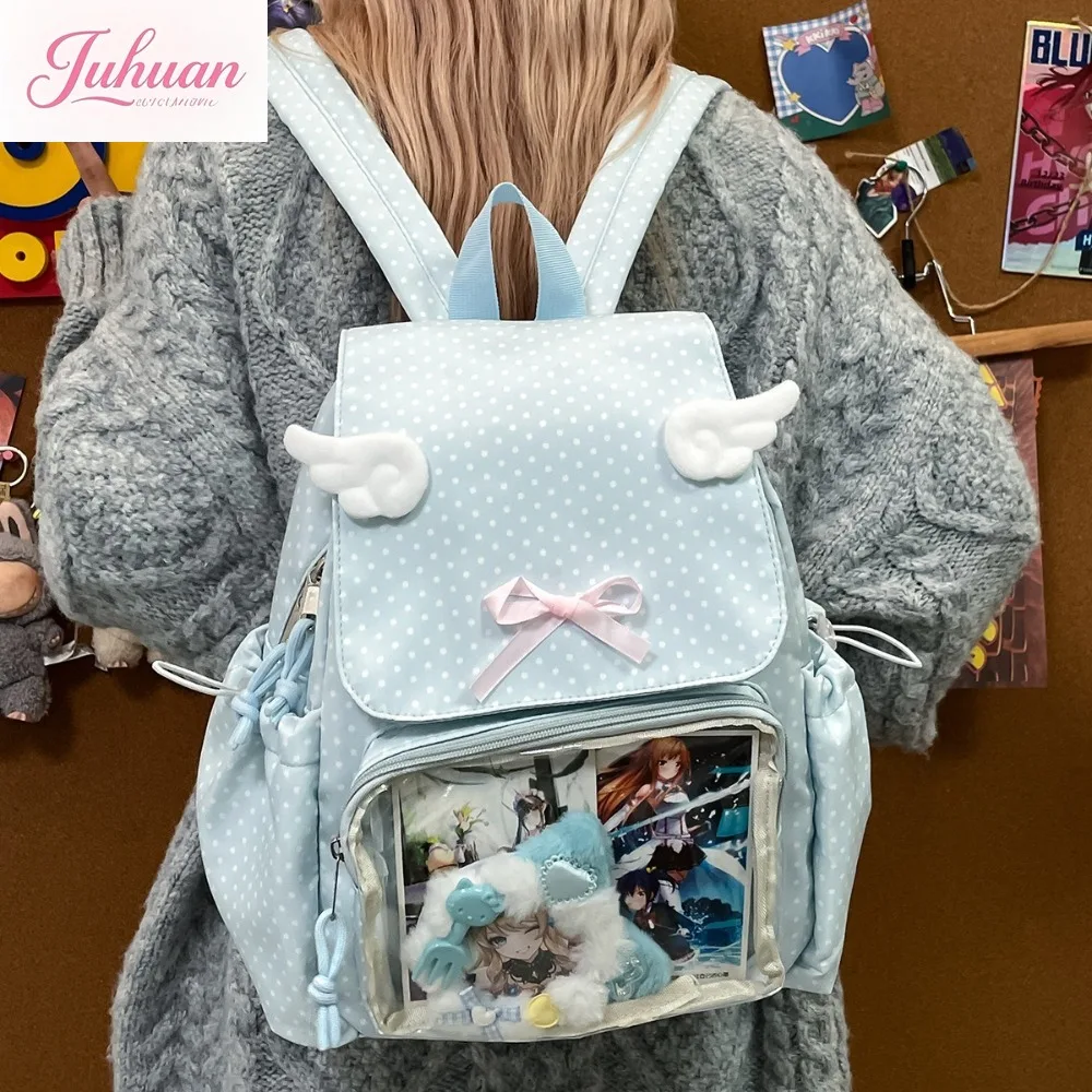دوت طباعة Mochilas Mujer الحلو القوس تقسم Mochila الرباط جيوب حقيبة المراهقات على ظهره جديد Ins حقائب للمرأة
