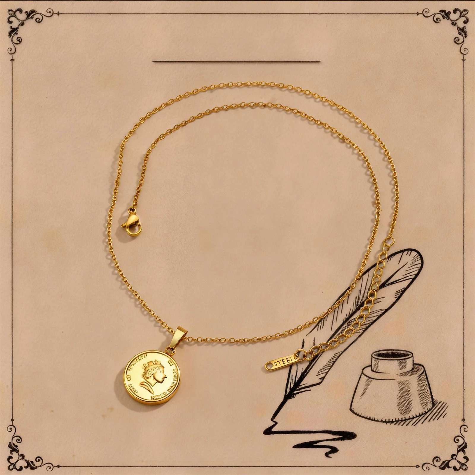 

18K Gold Plated Queen Necklace Elizabeth Round Disc Coin Vintage Luck Power Waterproof Jewelry Gift To Mother Mom Length 40-45cm