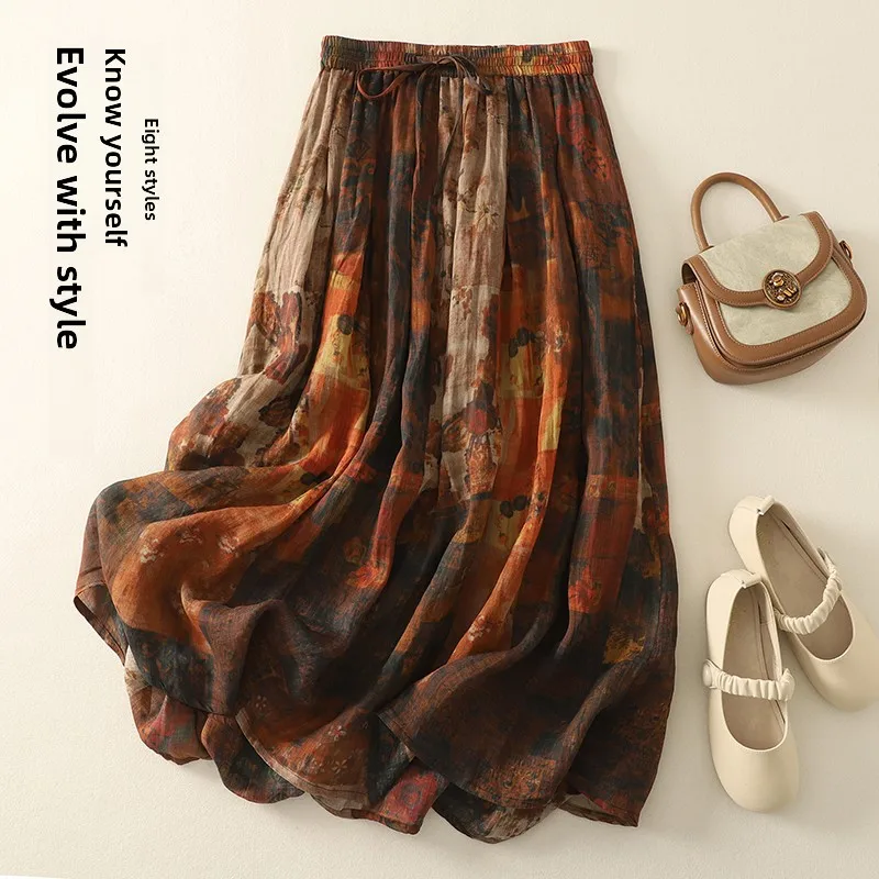 Falda Midi de Verano de Doble Capa, Estilo Retro, Informal, Versátil, de Lino y Poliéster Estampado, con Dobladillo Ancho y E...