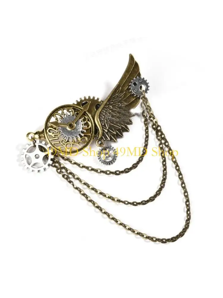 

49MD Steampunk Hair Clip Gear Hair Clip Steampunk Hairpins Barrettes Retro Hair Accessories Tassel Chain Lapel Pin