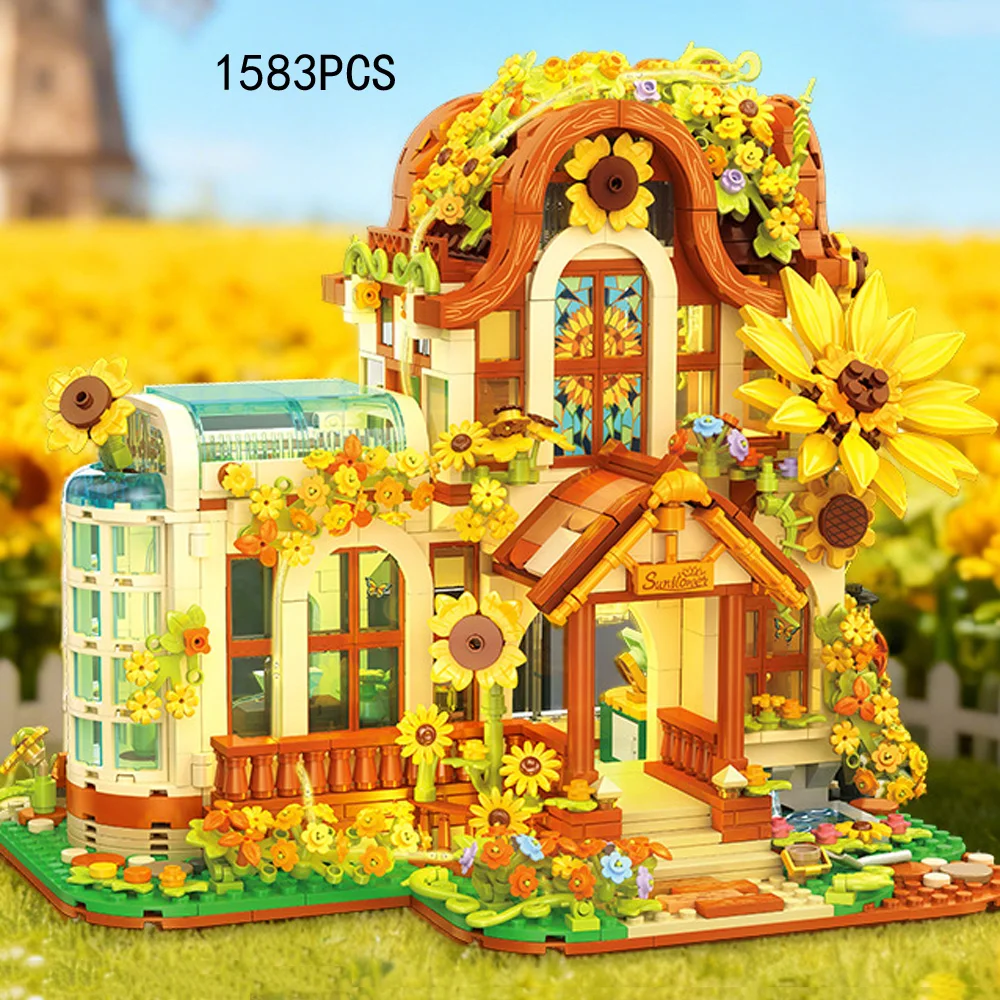 

Creative City Street View Flower Shop Building Block Streetscape Florist Brick Sunflower House Toys With Light Collection