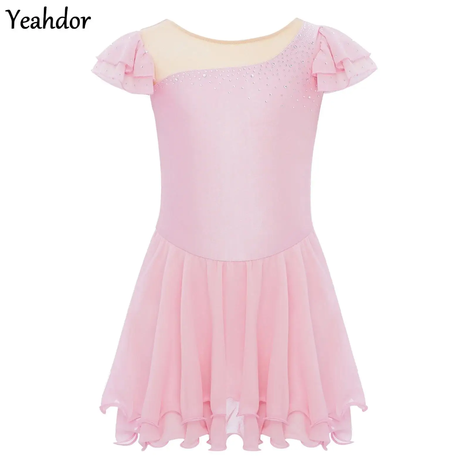 

Kids Girls Ruffle Sleeveless Ballet Dance Dress Sheer Mesh Patchwork Rhinestones Figure Skating Gymnastics Leotard Dress Costume