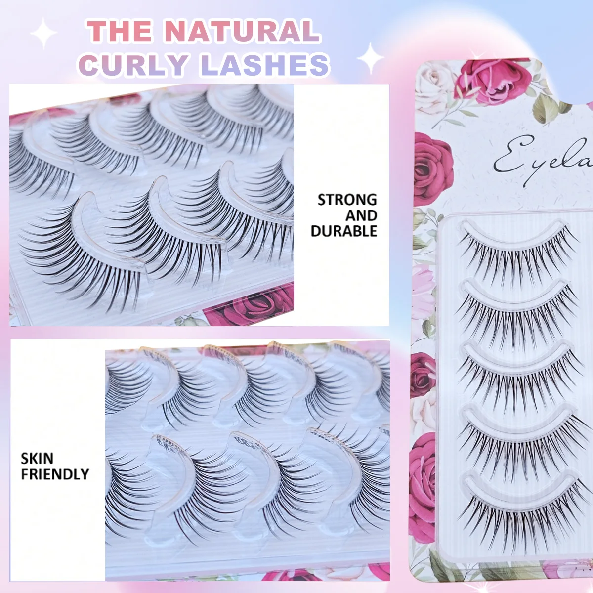 Attraktive 5-Paar falsche Wimpern: Schlanke natürliche Locken, Katzenaugen-Cartoon-Stil, transparentes Band, Vollstreifen-Wimpern, geeignet für den Alltag