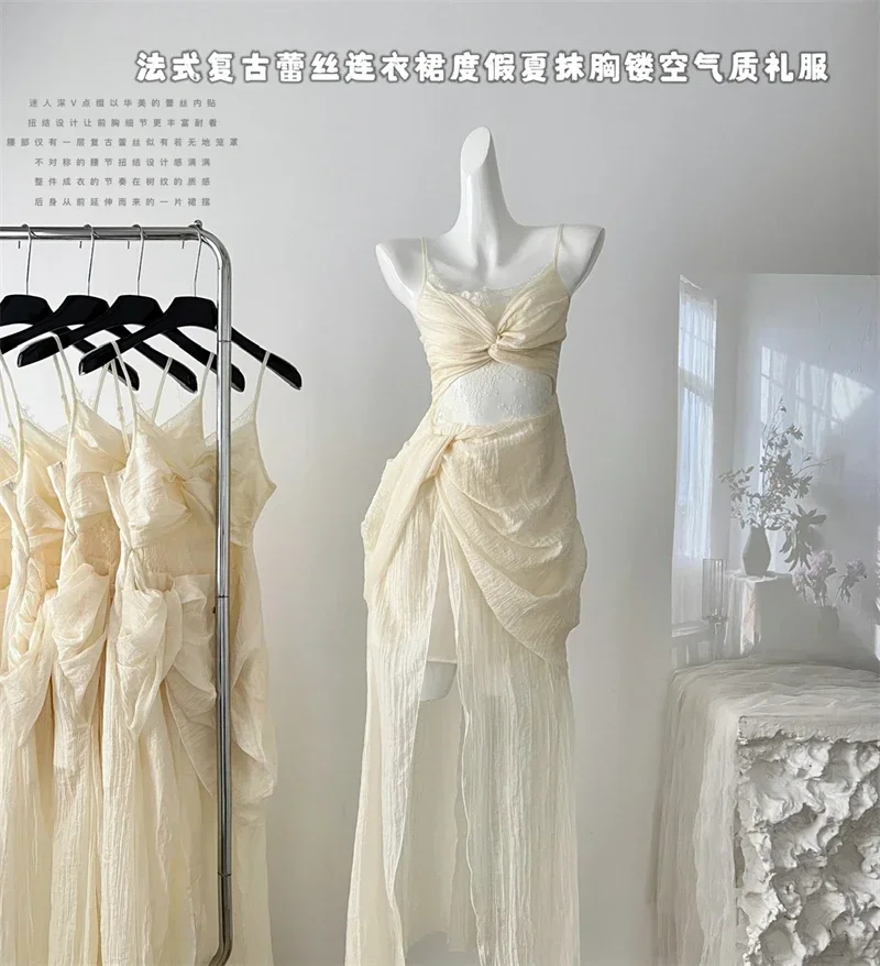 

Женское винтажное вечернее платье-трапеция, длинное кружевное платье во французском стиле без рукавов, элегантное цельное платье, одежда в стиле 1920-х, Y2k, лето 2000