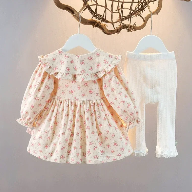 2024 Autumn New Girl Korean Edition Sweet Cute Flower Two Piece Set Baby Autumn Dress Little Girl Short Skirt Set Girl Clothes