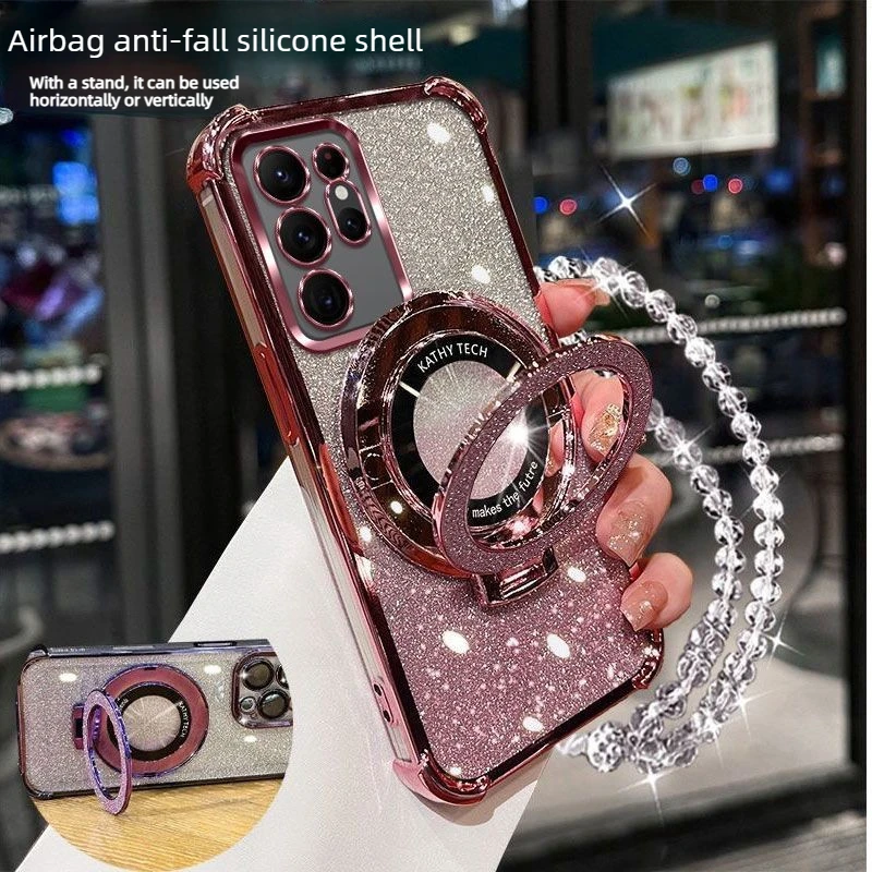 Flash Pink Holder Phone Case for Samsung Galaxy S26 Ultra S25 Edge S24 S23 Plus 22 Fe Anti Loss Bracelet Airbag Protective Shell