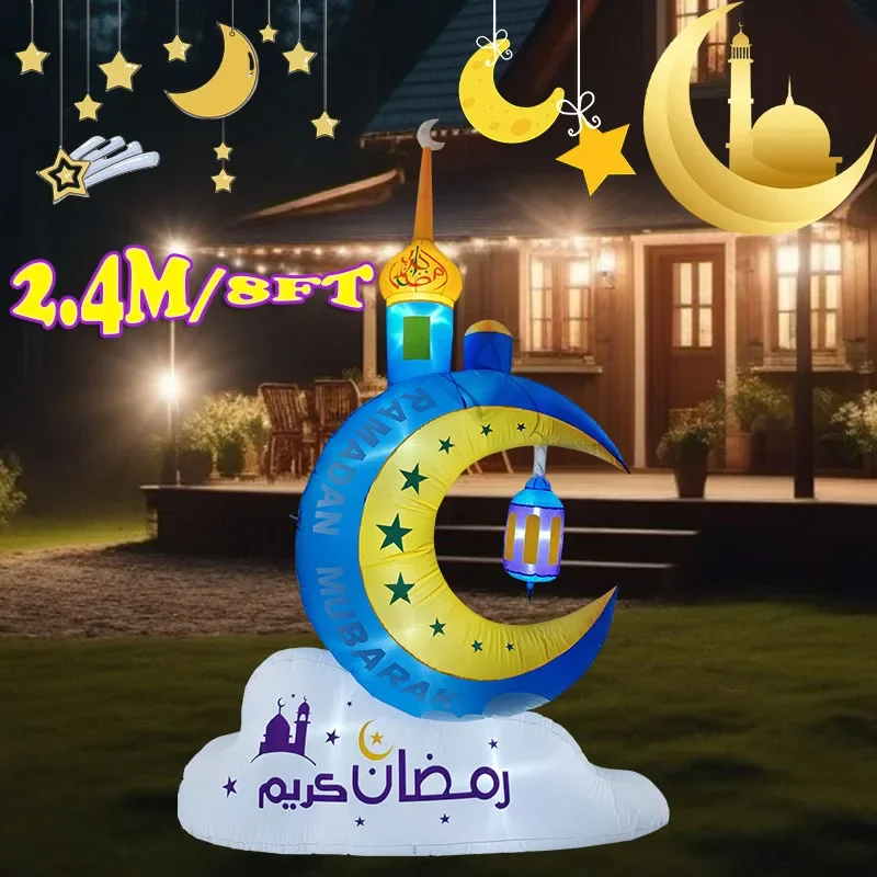 

8FT/2.4M Outdoor Holiday Ornament Middle East Ramadan Inflatable Moon Lamp Built-in LED Light Eid Mubarak Decor Inflatable Model