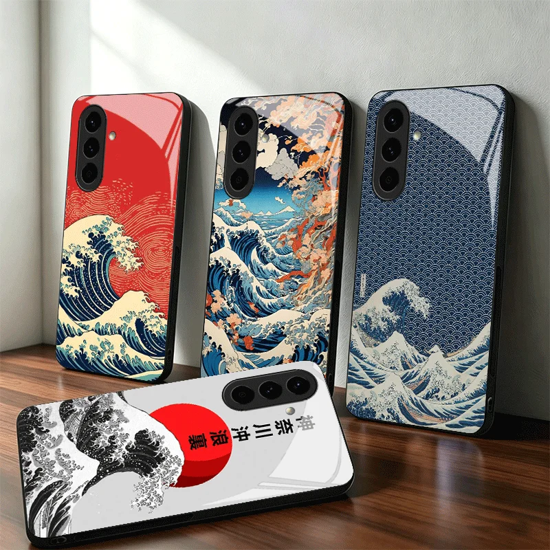 Japanese Wave Kanagawa Surfing Glass Phone Case for Samsung A17 A16 A15 A14 A13 A57 A56 A55 A54 A53 A37 A36 A35 A34 A33 A27 A26