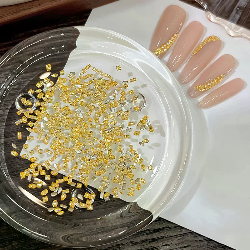 50pcs Golden Yellow Shiny Zircon Rhinestones Nail Charms Mini Rhombic Nails Gemstones Flatback Nail Art Craft Diamonds Decor