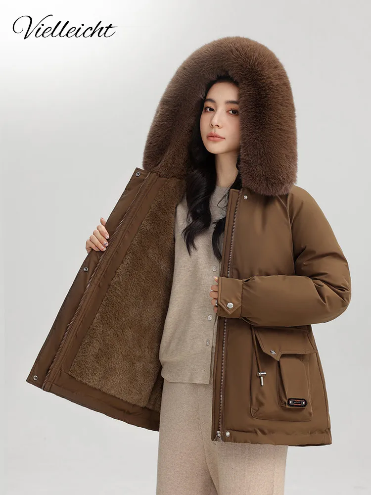 

Vielleicht 2024 New Vintage College Style Winter Clothes Women Jackets Coat Wool Liner Medium Long Parkas Fur Hooded Outwear