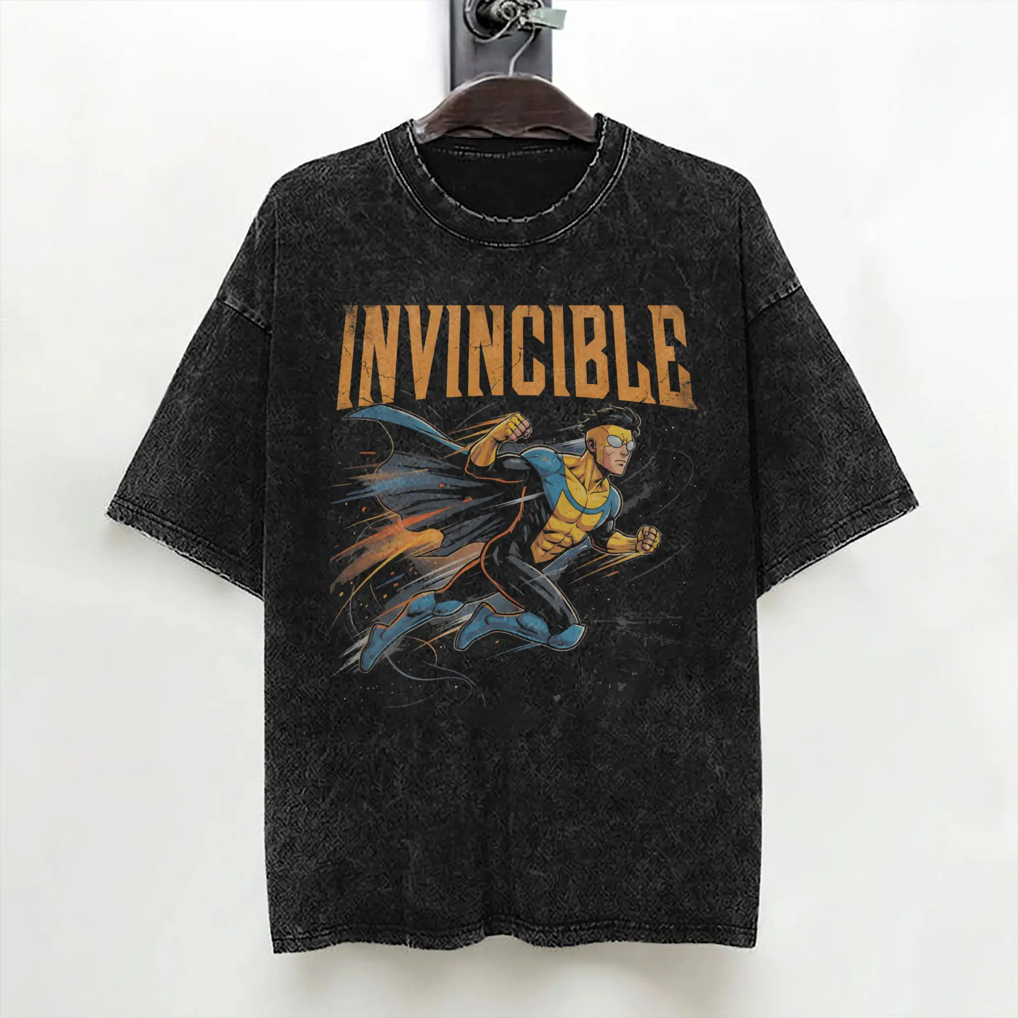 Vintage Comic Invincible Vintage Washed T Shirt Men's Cotton Short Sleeve  Round Neck Summer Tops Shirts