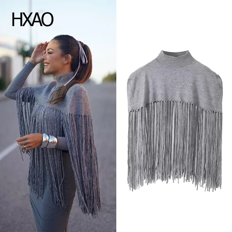 

HXAO Women Knitted Poncho Tassels Cape Coat Autumn Elegant Knit Cloak For Women Fashion Female Wool Blend Shawls 2023