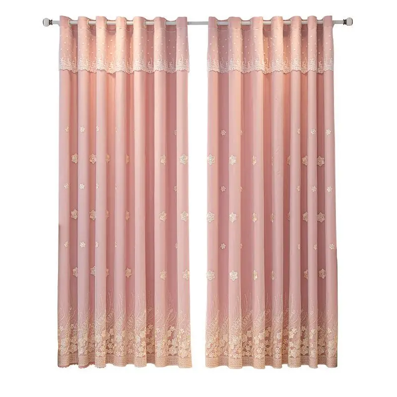 Simple and Modern Double-layer Curtain Rural Embroidered Sheer Curtain Plus Solid Color Cloth Curtain for Living Room Bedroom