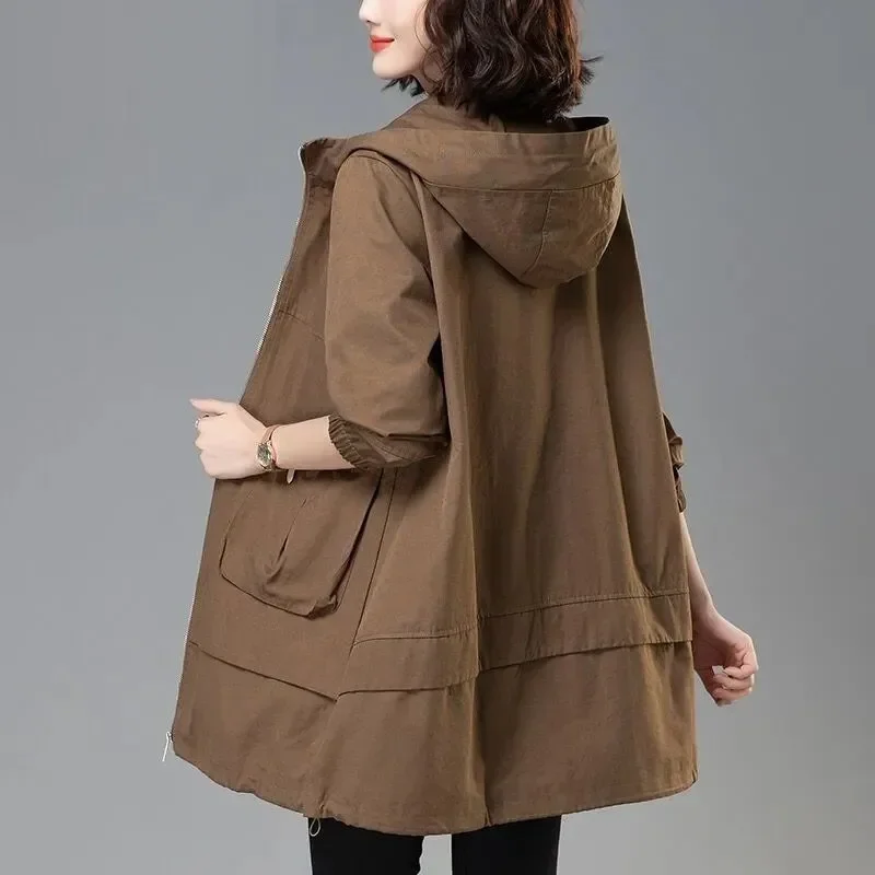 Women's Long Sleeveless Trench Coat With Hood And Zipper Closure Casual Spring Autumn Outerwear Asymmetric Hem Design