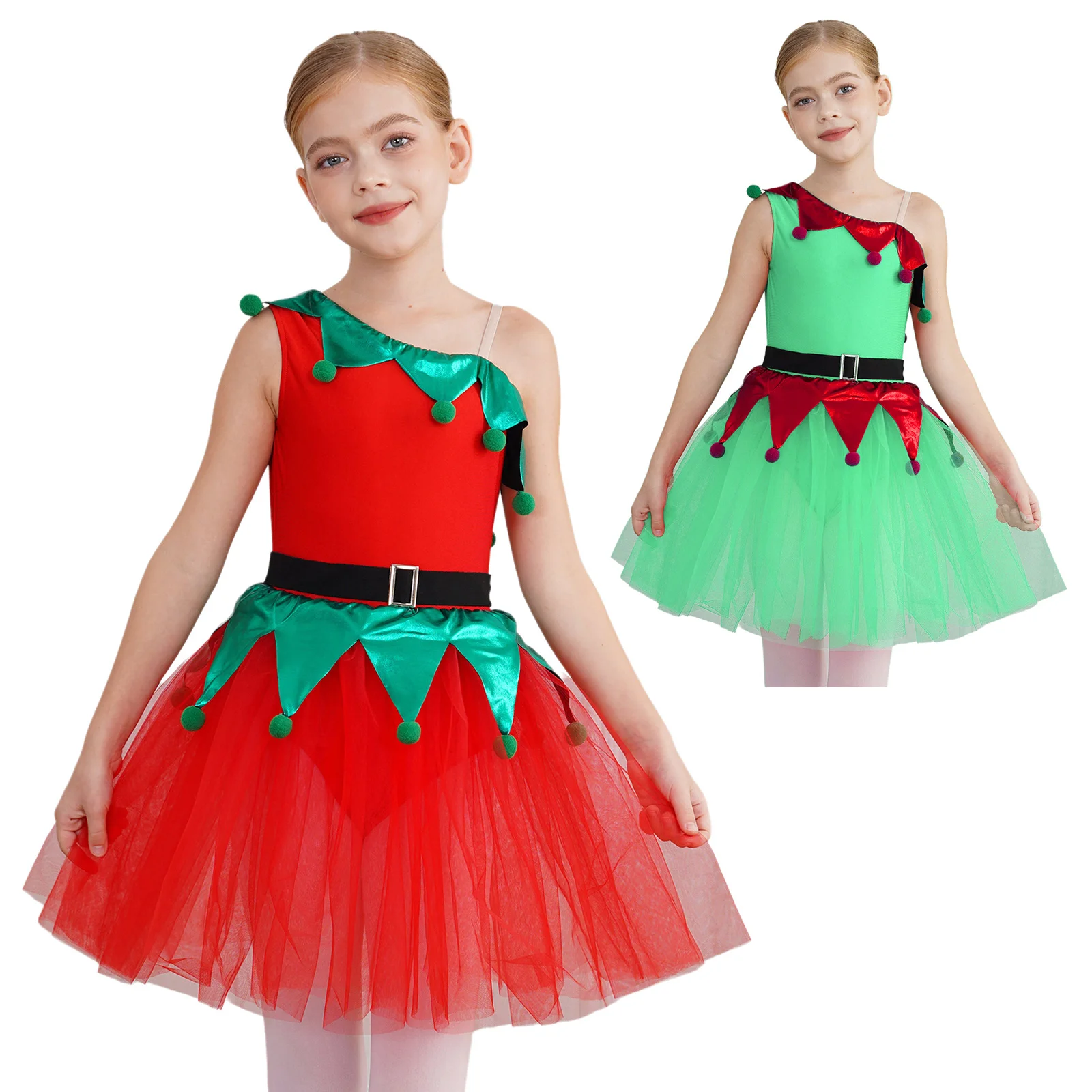 Kids Girls Christmas Party Dance Performance Tutu Dress Ballerina Costume Asymmetrical Cute Pom Poms Leotard Jumpsuit with Belt