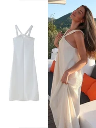 TRAF Women Fashion White Halter Pleated Strapless Dress Elegant Solid Color Sleeveless Dress Sexy Beach Vacation Backless Gowns