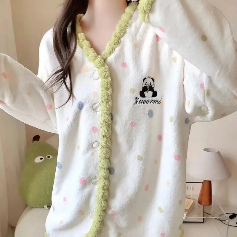 Sweet and Cozy Fashion Homewear New Autumn Winter Sleepwear Set Women Polka Dot Panda Suitable for Outdoor Wear Pajama Lingerie
