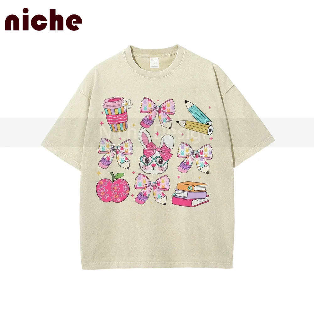 

Vintage Pure Cotton Unisex T-Shirt Dopamine Color Style Bow Bunny Print Ladies T-Shirt Designer Trend New Loose Top Clothes