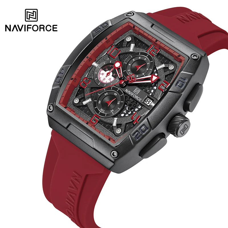 NAVIFORCE Fashion Brand  Red Military Sport High End Men Watch Male Large Dia Quartz Calendar Wrist Watches Silicone Strap Clock